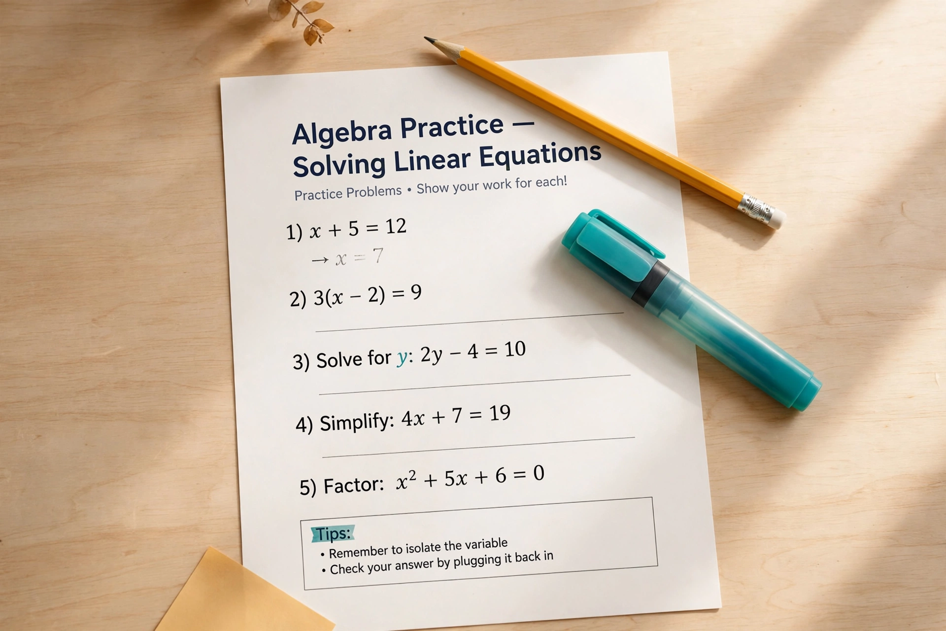 A printed Chen Math algebra practice worksheet on a desk with a pencil