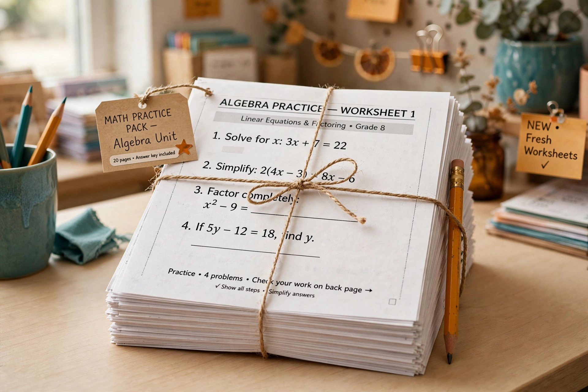 A neat stack of printed Chen Math practice worksheets
