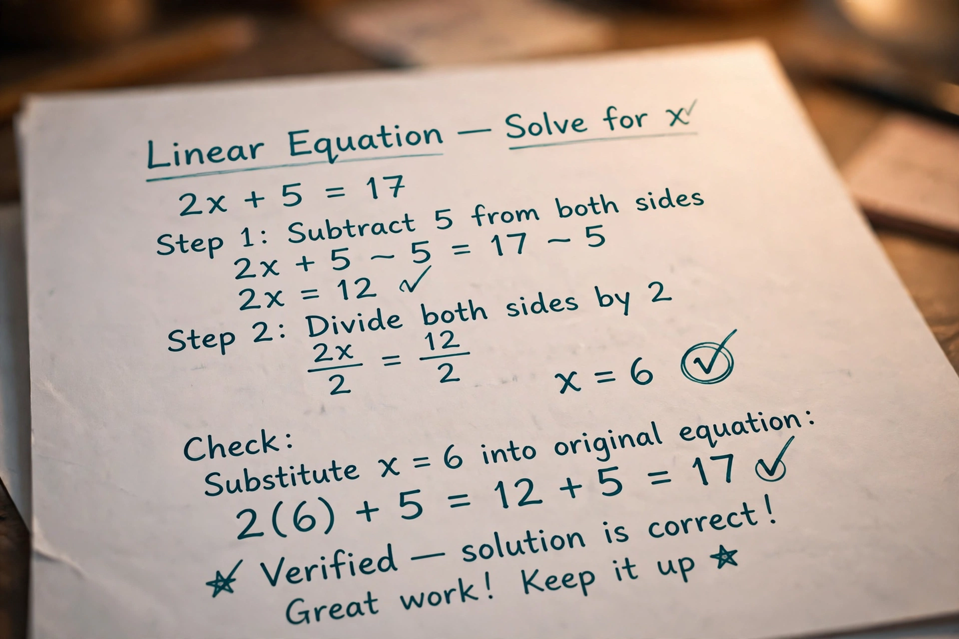 Handwritten step-by-step algebra solutions with check marks